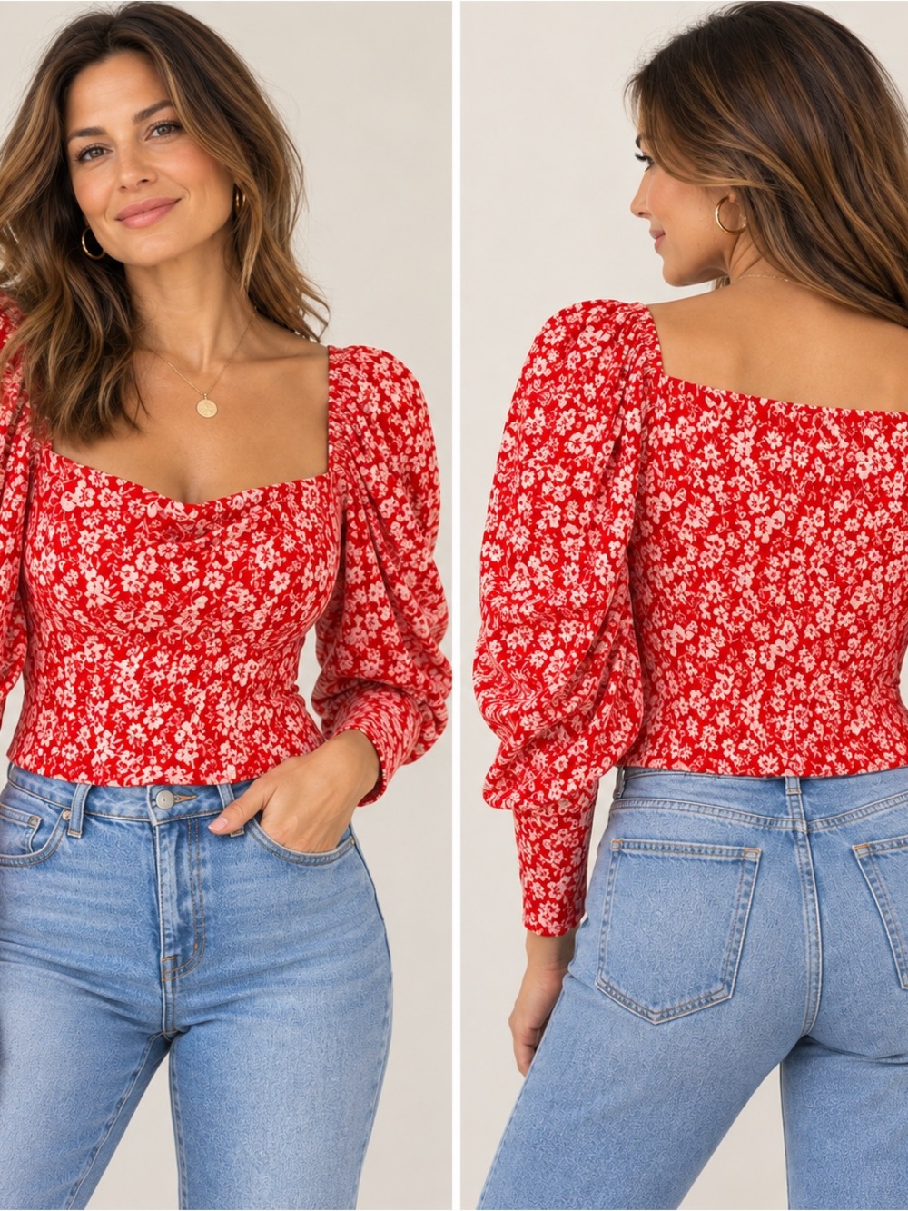 Anthropologie Red White Floral Puff Sleeve Square Neck Top XS